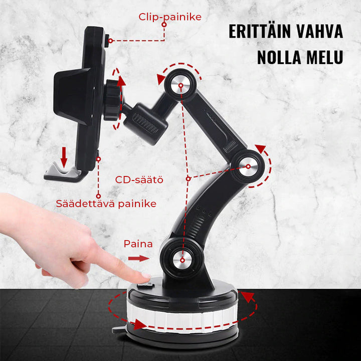 Universel sort mobilholder, elegant design, stærk montering på forskellige overflader, enhåndsbetjening.