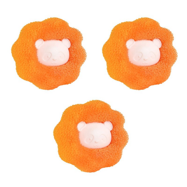 Genanvendelig hår- og fnidfanger til vaskemaskinen, orange og blå, fjerner hår og fnug under vask.