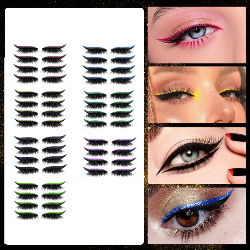 Demonstration af genanvendelige kunstige øjenvipper og eyeliner-klistermærker, cat-eye stil, vandtæt, 7 farvevalg, let design
