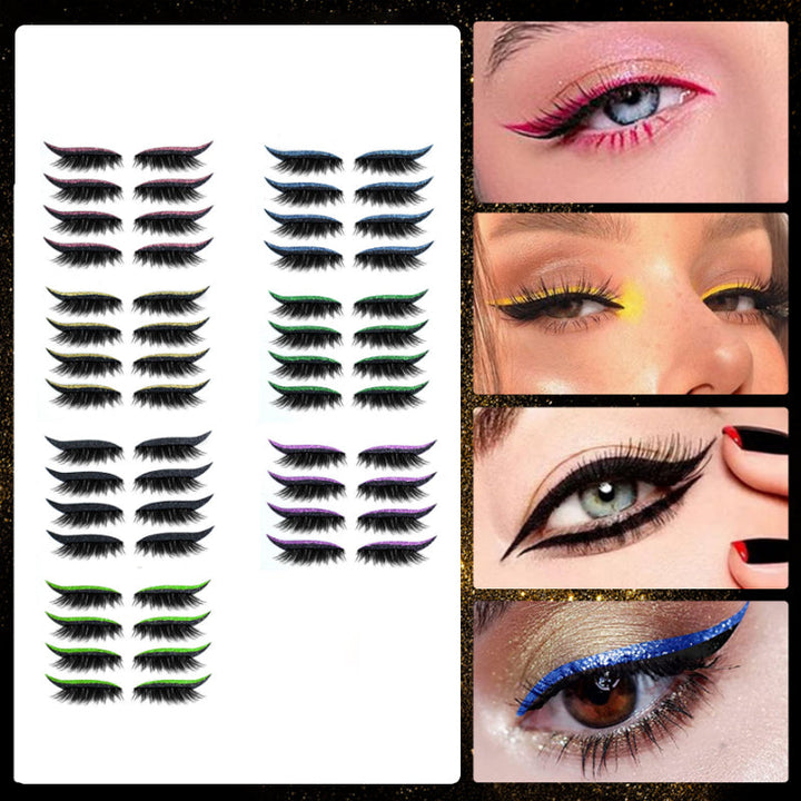 Demonstration af genanvendelige kunstige øjenvipper og eyeliner-klistermærker, cat-eye stil, vandtæt, 7 farvevalg, let design