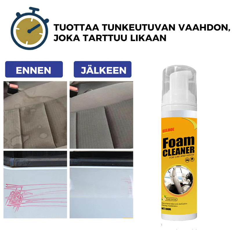 Skummende bilrensemiddel, multifunktionelt; billede af lys sprayflaske og skum mod neutral baggrund.
