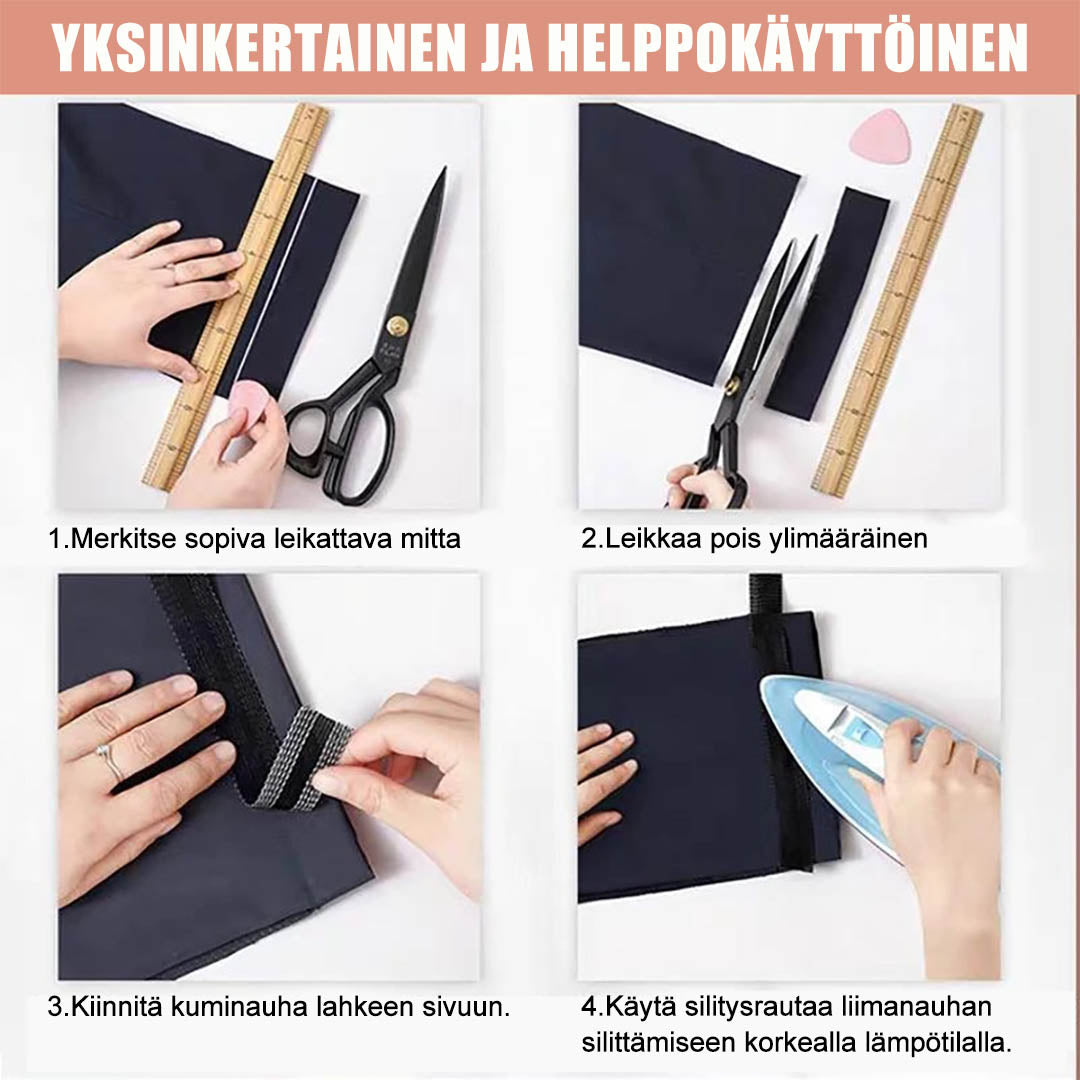 Selvklæbende bånd til bukseforkortelse, klar til brug, klip og fastgør nemt på stof.