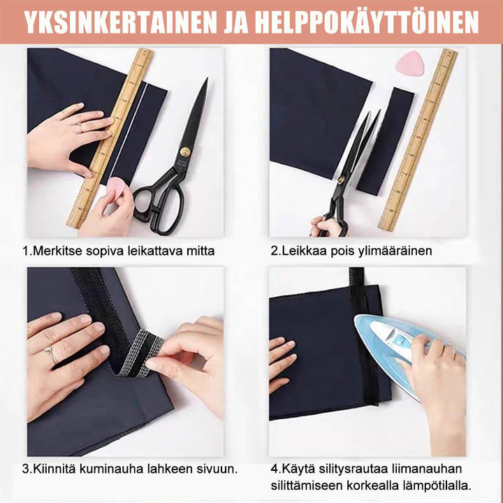 Selvklæbende bånd til bukseforkortelse, klar til brug, klip og fastgør nemt på stof.