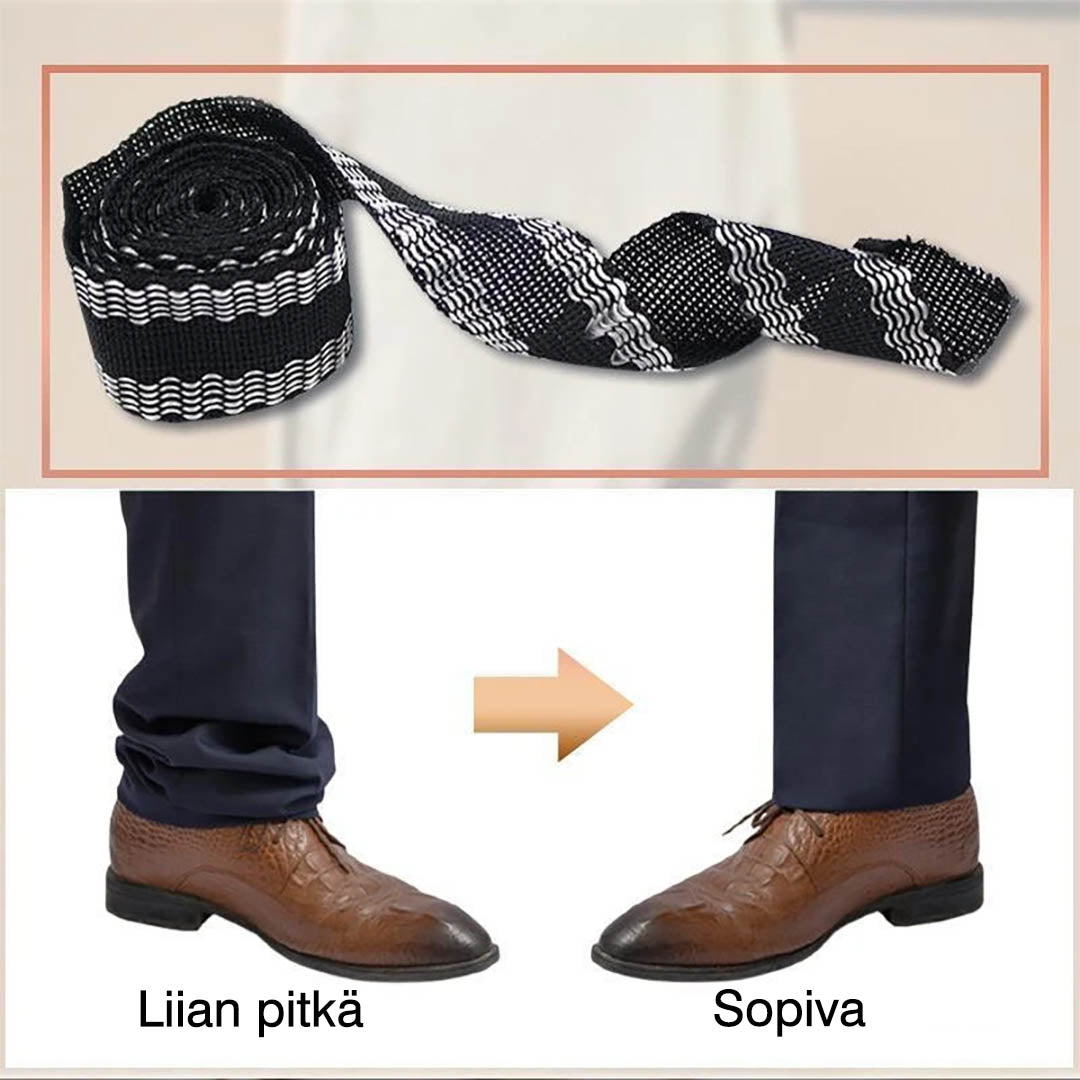 Selvklæbende bånd til bukseforkortelse, klar til brug, klip og fastgør nemt på stof.