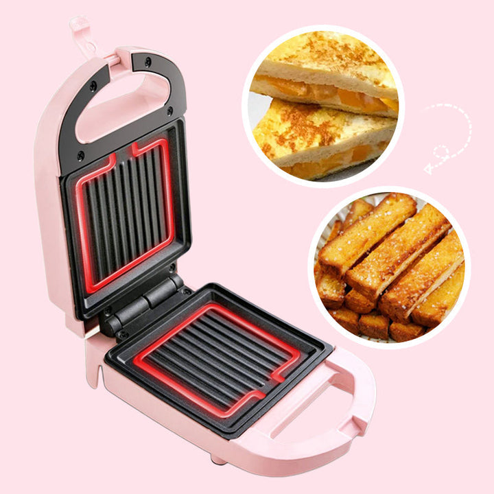 Pink og rød multifunktionel morgenmadsgrill, kompakt og pladsbesparende til køkkenet, velegnet til stegning og grillning