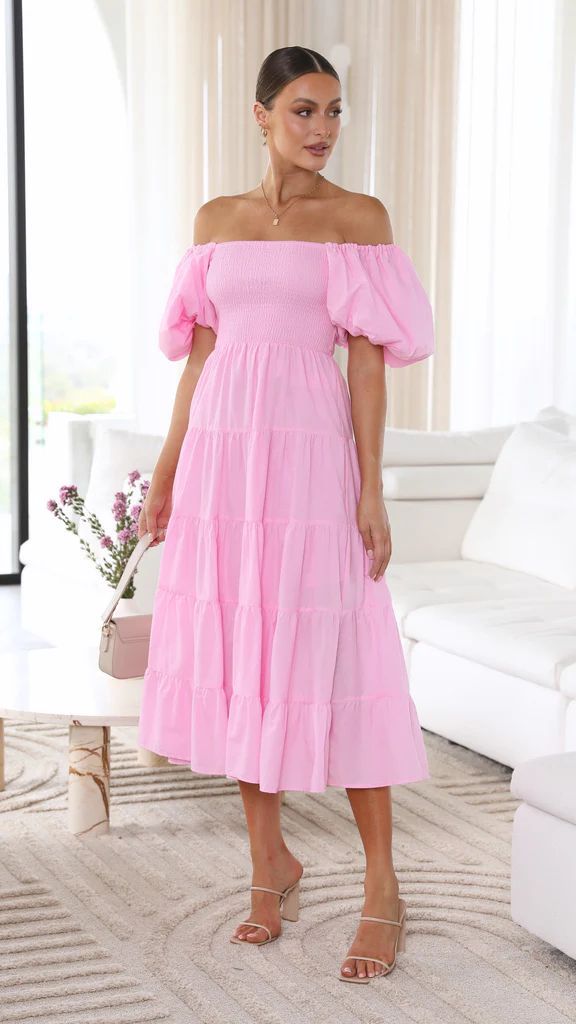 Damekjole off-shoulder midi med flæser, lyserød, feminin pasform, perfekt til fester eller aftener, fremhæver linjer