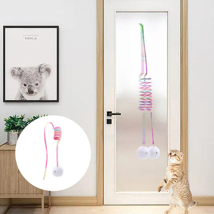 Pink hængende fjederlegetøj til katte, lavet af blødt materiale, klare farver, sugekop, egnet til indendørs overflader.