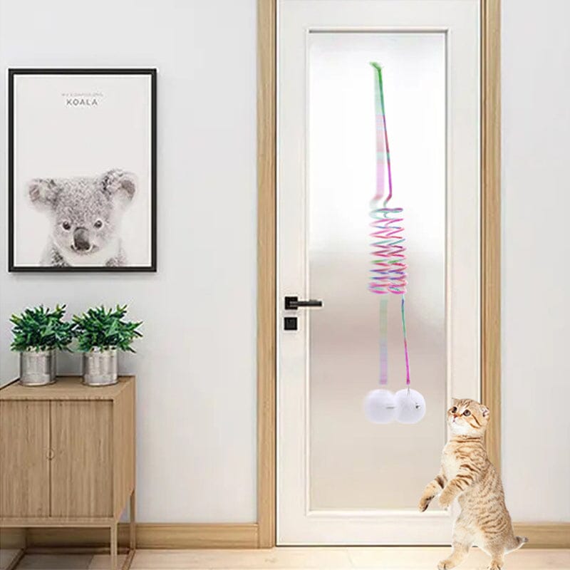 Pink hængende fjederlegetøj til katte, lavet af blødt materiale, klare farver, sugekop, egnet til indendørs overflader.