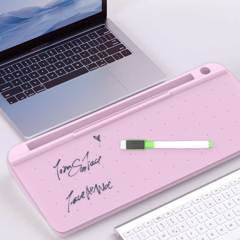 Pink tavle organiser til skrivebord, slankt design, indbygget opbevaring og penne inkluderet.