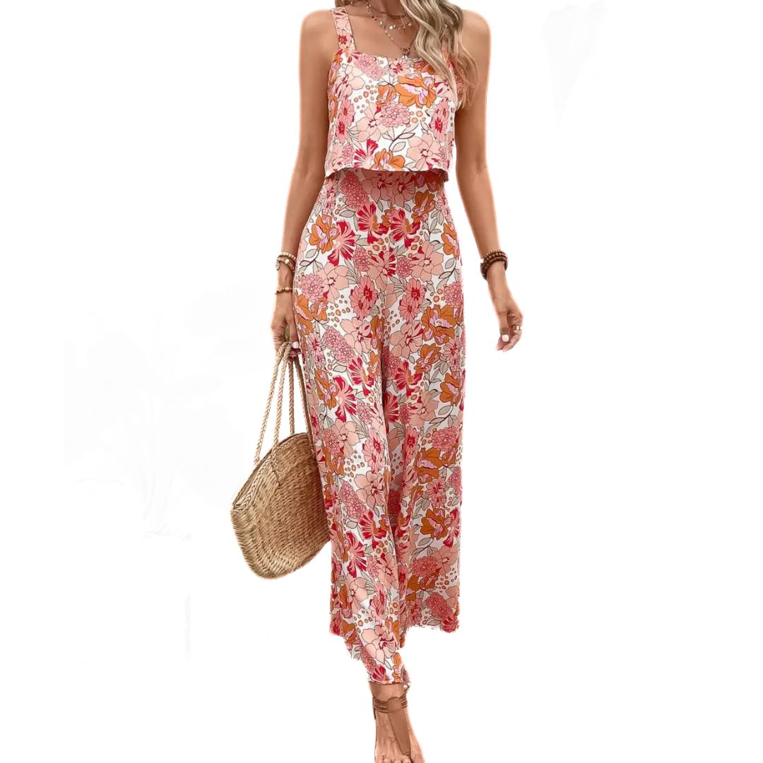Dame lyserød vintage blomstret print jumpsuit, ærmeløs, firkantet halsudskæring.