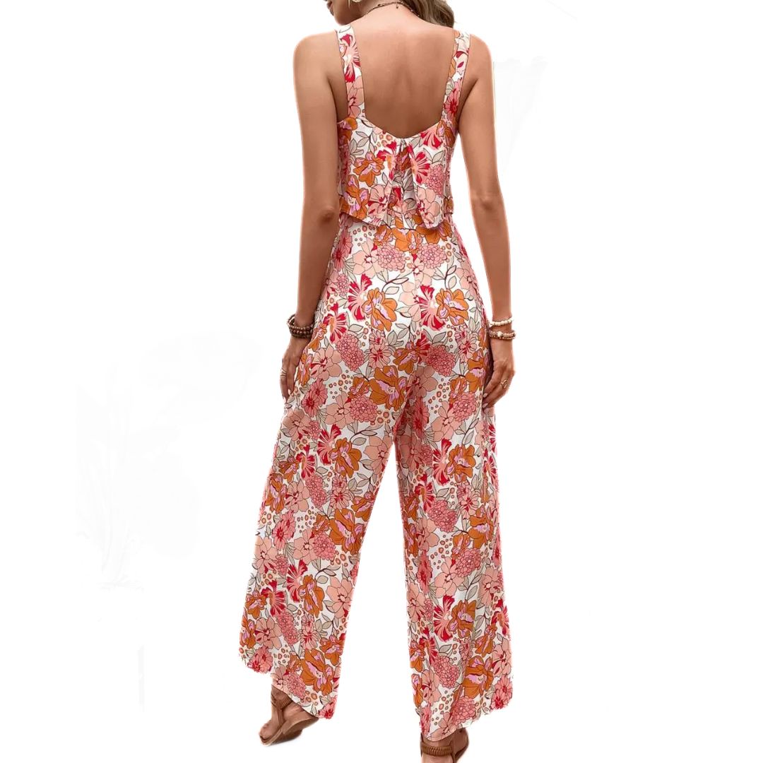 Dame lyserød vintage blomstret print jumpsuit, ærmeløs, firkantet halsudskæring.