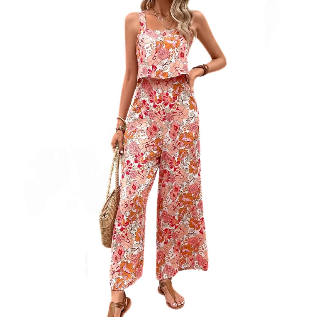 Dame lyserød vintage blomstret print jumpsuit, ærmeløs, firkantet halsudskæring.