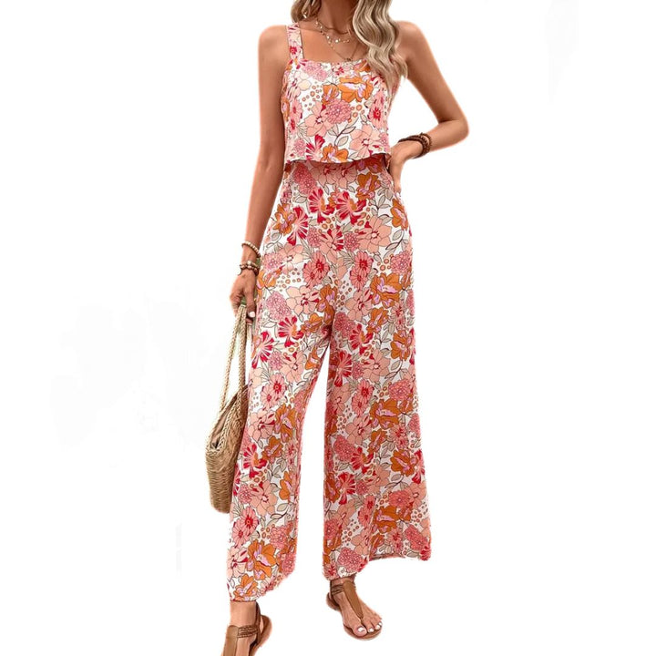 Dame lyserød vintage blomstret print jumpsuit, ærmeløs, firkantet halsudskæring.