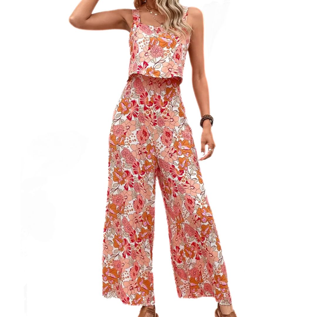 Dame lyserød vintage blomstret print jumpsuit, ærmeløs, firkantet halsudskæring.