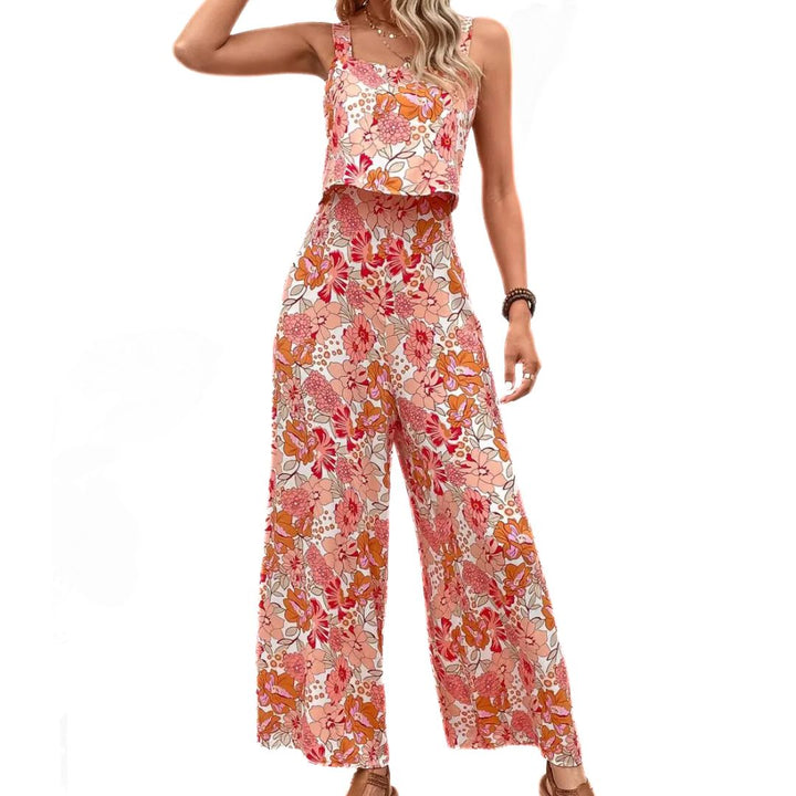 Dame lyserød vintage blomstret print jumpsuit, ærmeløs, firkantet halsudskæring.