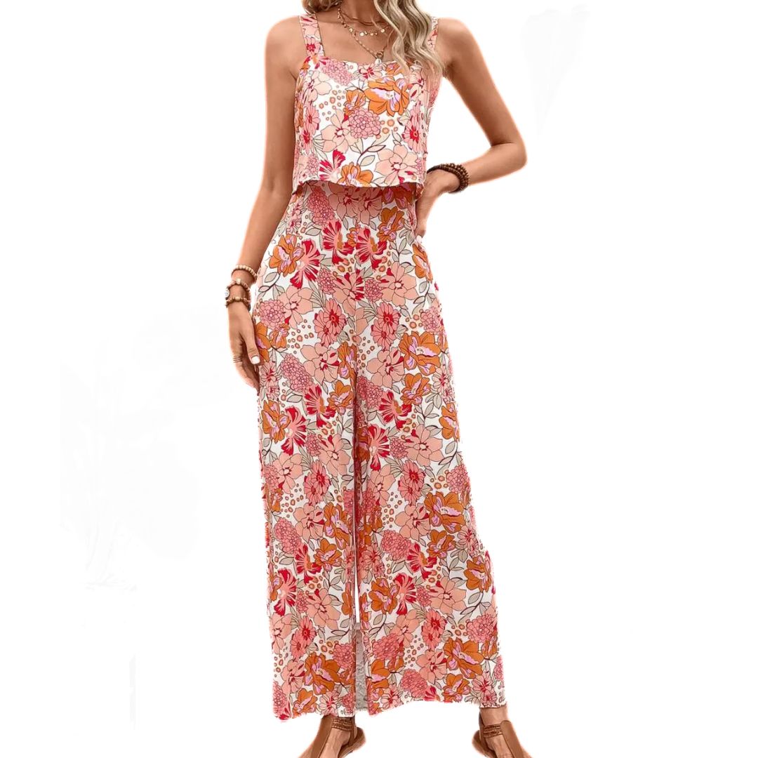 Dame lyserød vintage blomstret print jumpsuit, ærmeløs, firkantet halsudskæring.