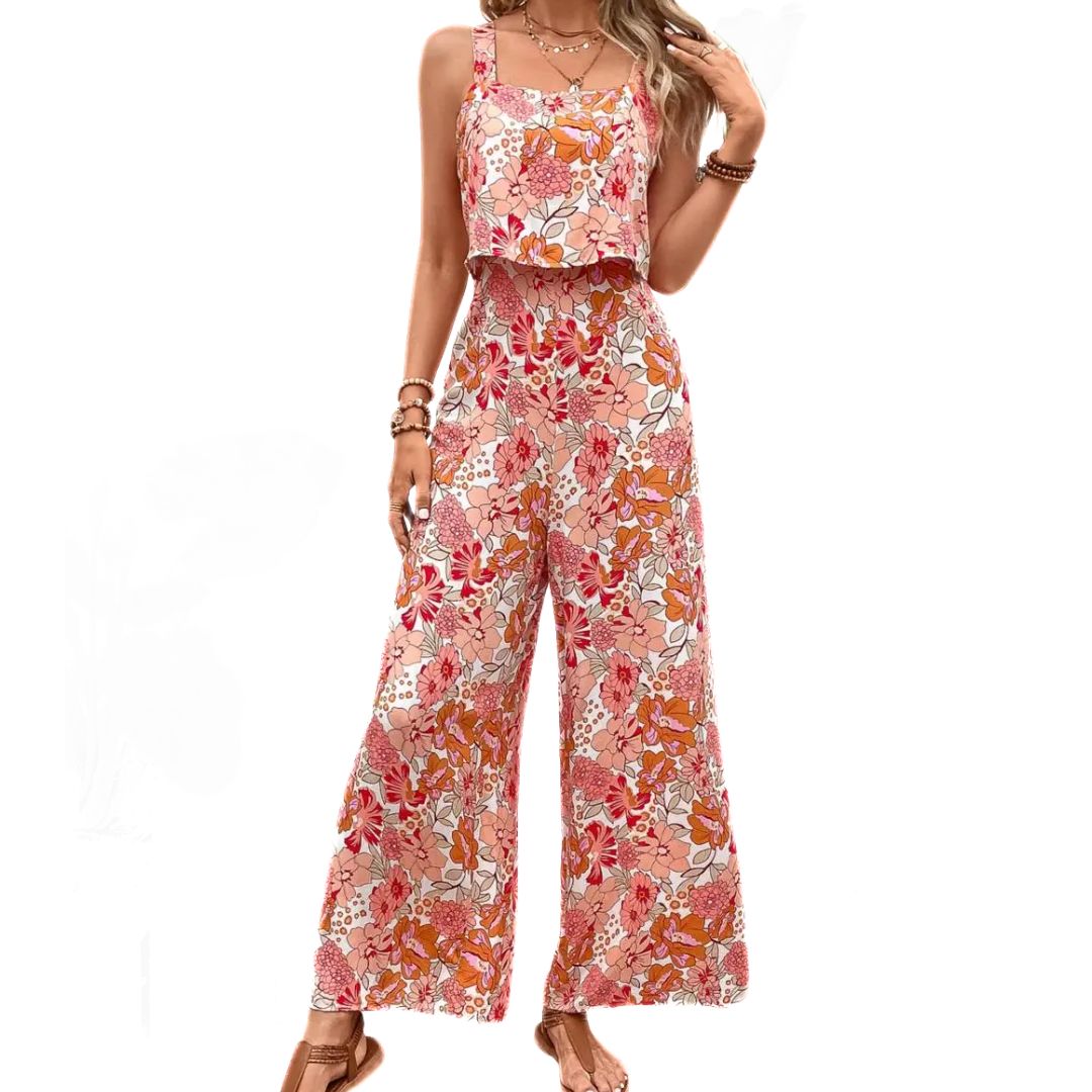 Dame lyserød vintage blomstret print jumpsuit, ærmeløs, firkantet halsudskæring.