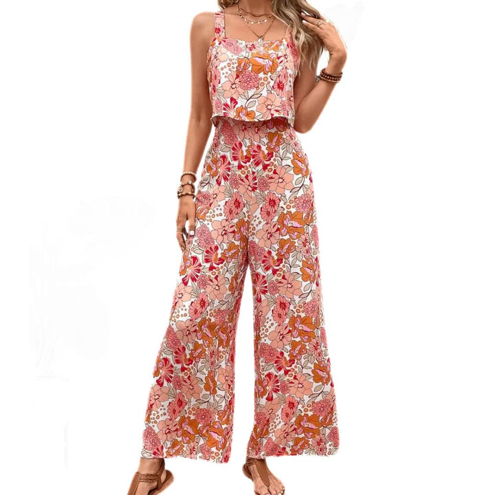 Dame lyserød vintage blomstret print jumpsuit, ærmeløs, firkantet halsudskæring.