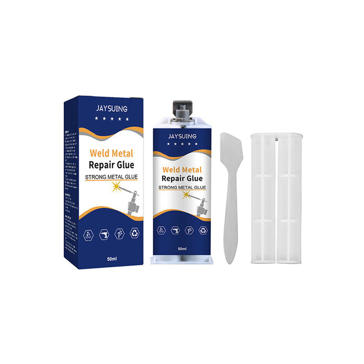 Stærk metal reparationslim epoxy, grå, tæt pakke, med spatel, velegnet til reparation og samling af metaloverflader.