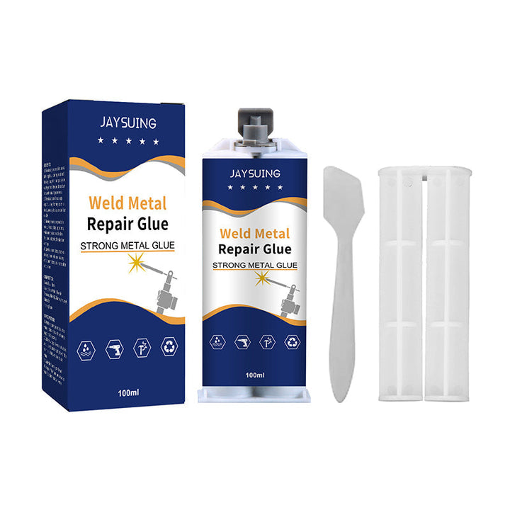Stærk metal reparationslim epoxy, grå, tæt pakke, med spatel, velegnet til reparation og samling af metaloverflader.