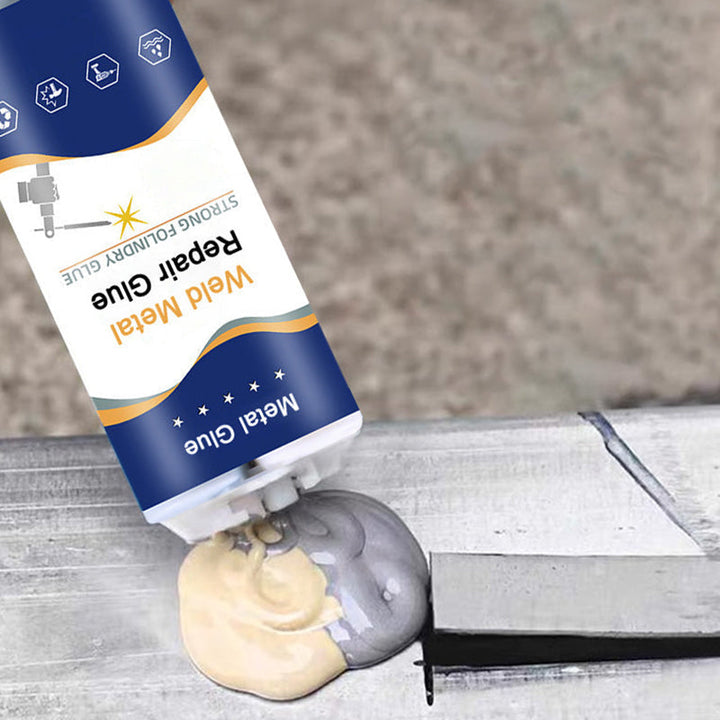 Stærk metal reparationslim epoxy, grå, tæt pakke, med spatel, velegnet til reparation og samling af metaloverflader.