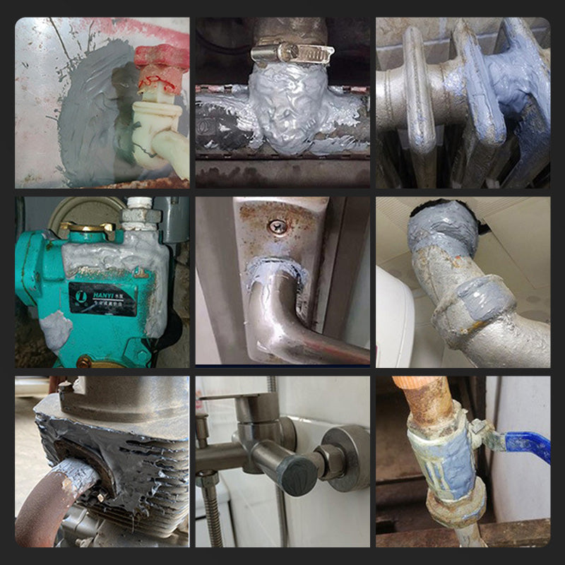 Stærk metal reparationslim epoxy, grå, tæt pakke, med spatel, velegnet til reparation og samling af metaloverflader.