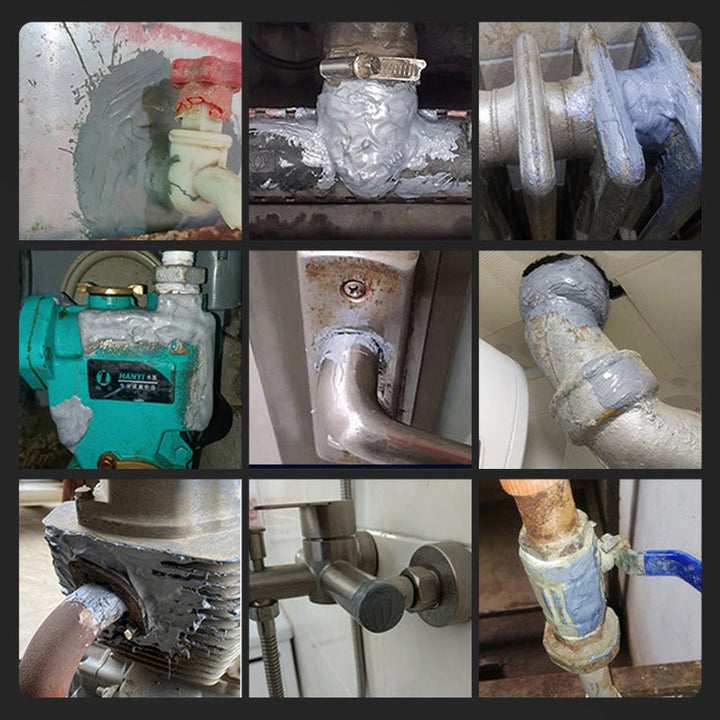 Stærk metal reparationslim epoxy, grå, tæt pakke, med spatel, velegnet til reparation og samling af metaloverflader.