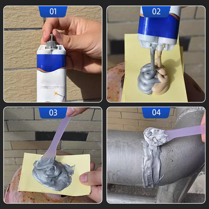 Stærk metal reparationslim epoxy, grå, tæt pakke, med spatel, velegnet til reparation og samling af metaloverflader.