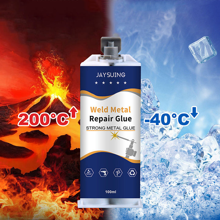 Stærk metal reparationslim epoxy, grå, tæt pakke, med spatel, velegnet til reparation og samling af metaloverflader.
