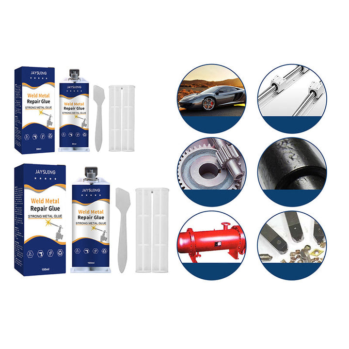 Stærk metal reparationslim epoxy, grå, tæt pakke, med spatel, velegnet til reparation og samling af metaloverflader.