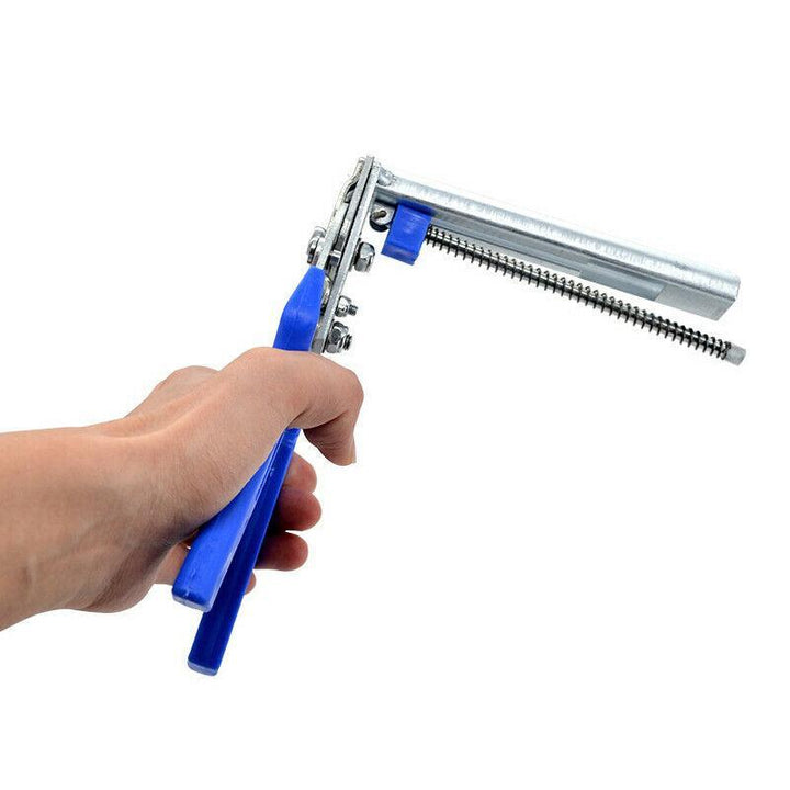 Kraftig manganståltang til klipsinstallation, ergonomiske plasthåndtag, fjedermekanisme, metallisk glans