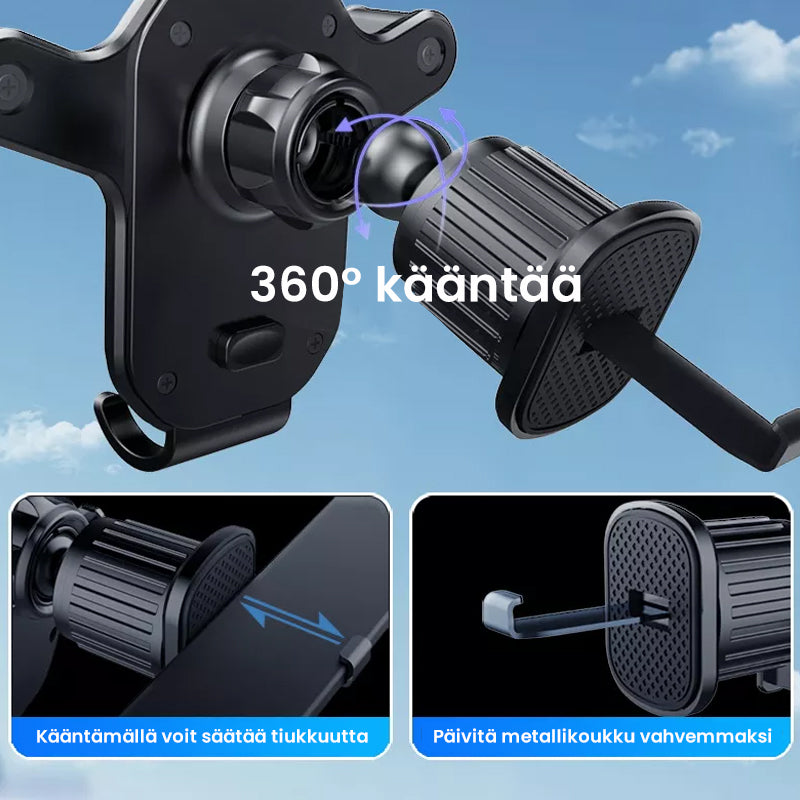 Stabil bilmonteret mobilholder, sort, 360° rotationsvinkel, kompakt størrelse og passer til alle telefonmodeller.