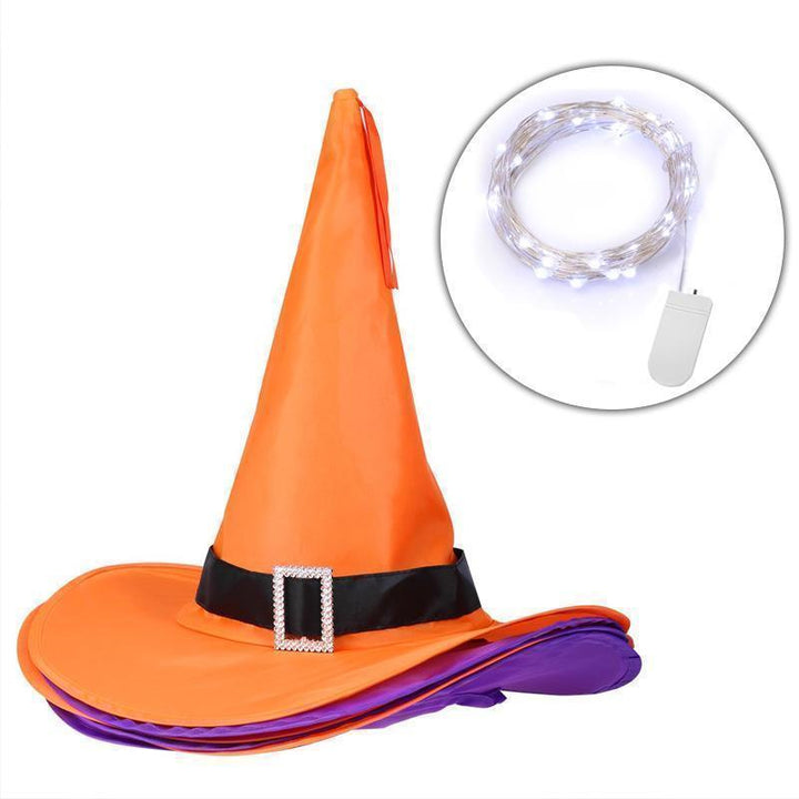 Oplyst Halloween heksehat dekoration med LED lys, klare farver (orange, rød, lyserød, lilla).