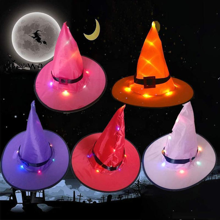 Oplyst Halloween heksehat dekoration med LED lys, klare farver (orange, rød, lyserød, lilla).