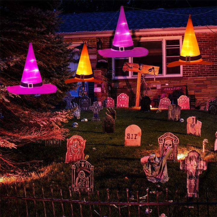 Oplyst Halloween heksehat dekoration med LED lys, klare farver (orange, rød, lyserød, lilla).