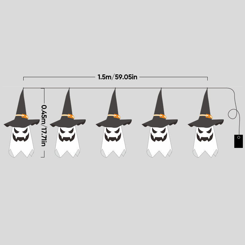 "Valaistu Halloween noitahattu ulkokäyttöön, ripustettuna pimeässä, luo mysteerisen tunnelman puutarhaan tai terassille."