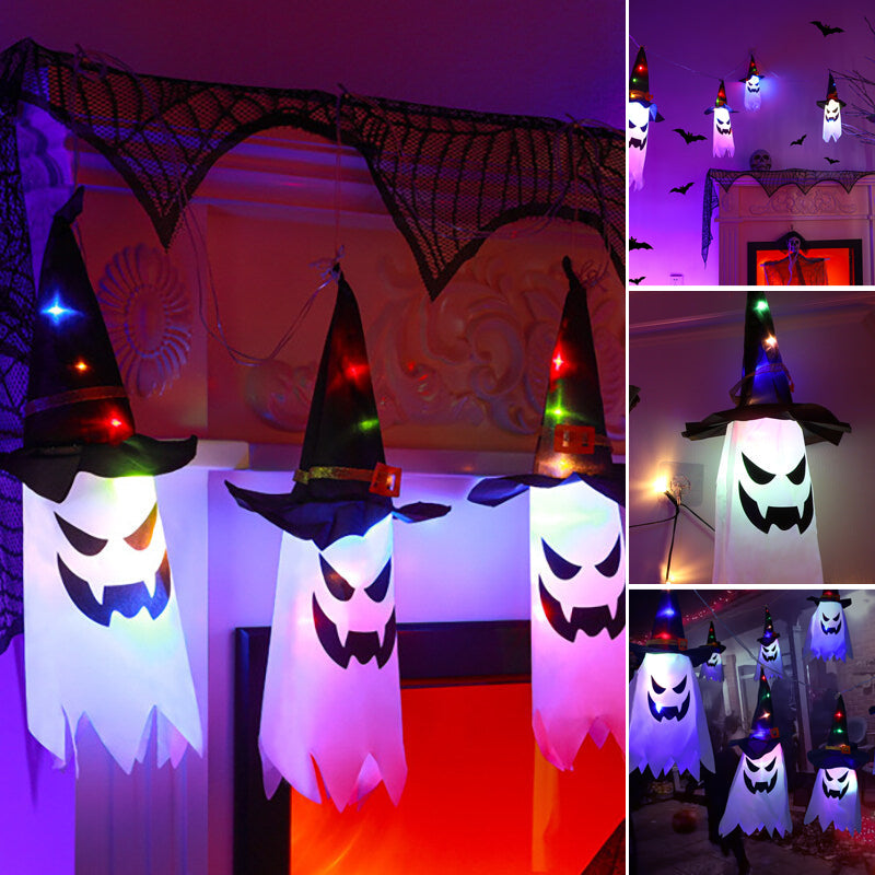 "Valaistu Halloween noitahattu ulkokäyttöön, ripustettuna pimeässä, luo mysteerisen tunnelman puutarhaan tai terassille."