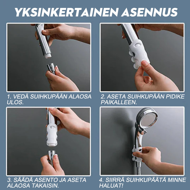 Hvid Hands-Free brusehovedholder, justerbar vinkel, stærke sugekopper, holdbart TPR-plast, hjemme- og vaskeløsninger.