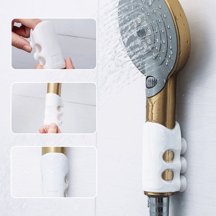 Hvid Hands-Free brusehovedholder, justerbar vinkel, stærke sugekopper, holdbart TPR-plast, hjemme- og vaskeløsninger.
