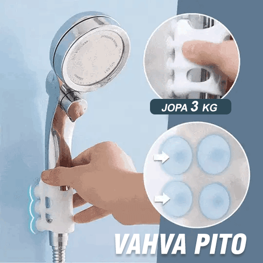 Hvid Hands-Free brusehovedholder, justerbar vinkel, stærke sugekopper, holdbart TPR-plast, hjemme- og vaskeløsninger.