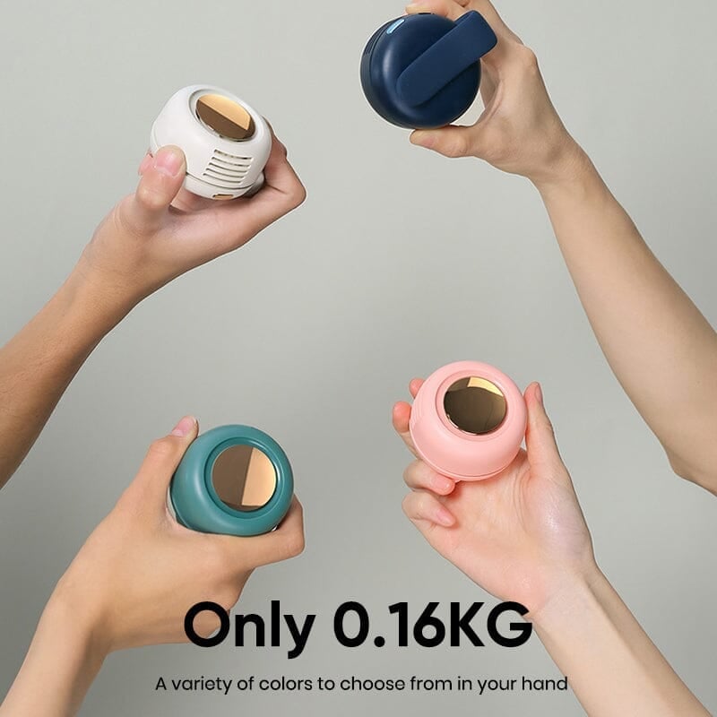"Valkoinen ergonominen 2-in-1 vyö- ja kaulatuuletin, kompaktin kokoinen, tehokas ilmavirta, kesäpäivien viilentämiseen."