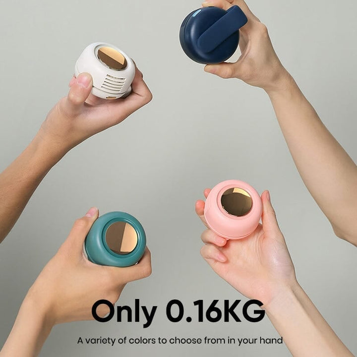"Valkoinen ergonominen 2-in-1 vyö- ja kaulatuuletin, kompaktin kokoinen, tehokas ilmavirta, kesäpäivien viilentämiseen."