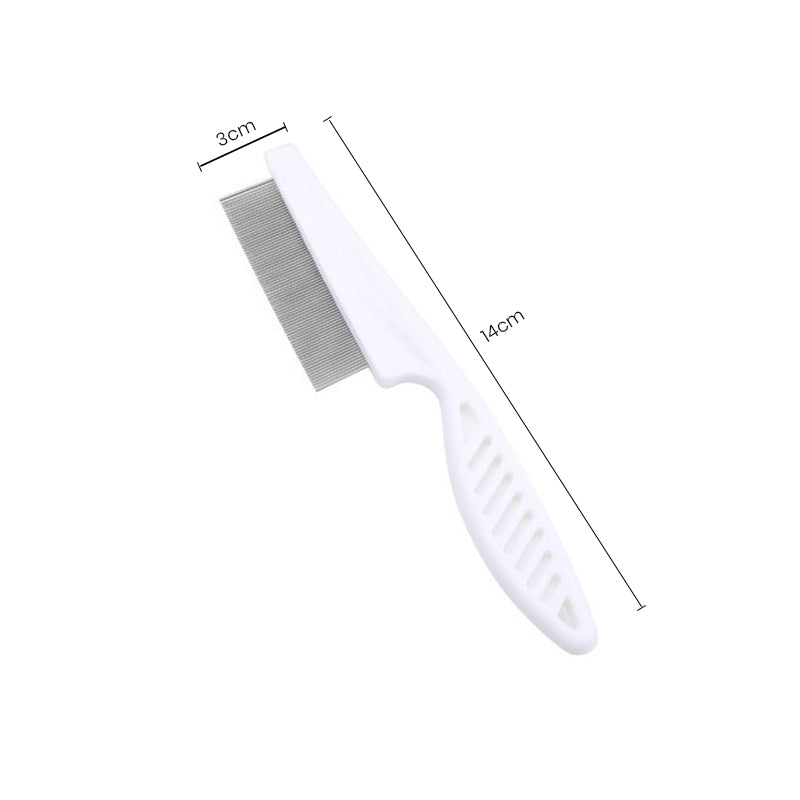 Hvid ergonomisk kæledyrskam med afrundede tænder, sikkert og effektivt pelsplejeværktøj.