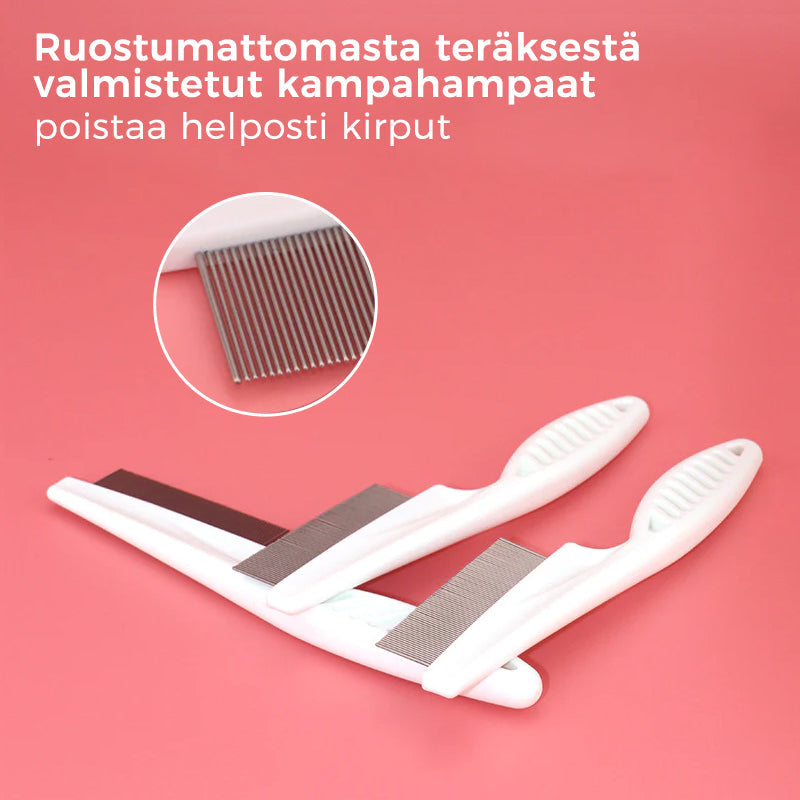 Hvid ergonomisk kæledyrskam med afrundede tænder, sikkert og effektivt pelsplejeværktøj.