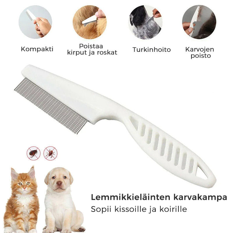 Hvid ergonomisk kæledyrskam med afrundede tænder, sikkert og effektivt pelsplejeværktøj.