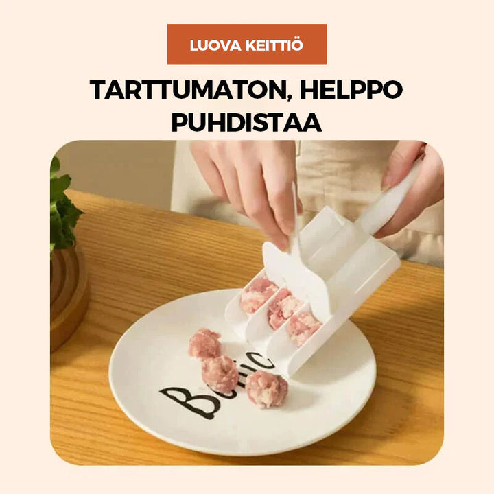 Valkoinen kolminkertainen lihapullakone, PP-materiaali, pitkä kahva, kolme lihapullaa yhdellä puristuksella, keittiöväline.