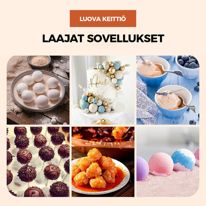 Valkoinen kolminkertainen lihapullakone, PP-materiaali, pitkä kahva, kolme lihapullaa yhdellä puristuksella, keittiöväline.