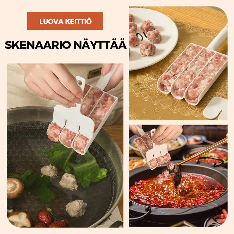 Valkoinen kolminkertainen lihapullakone, PP-materiaali, pitkä kahva, kolme lihapullaa yhdellä puristuksella, keittiöväline.