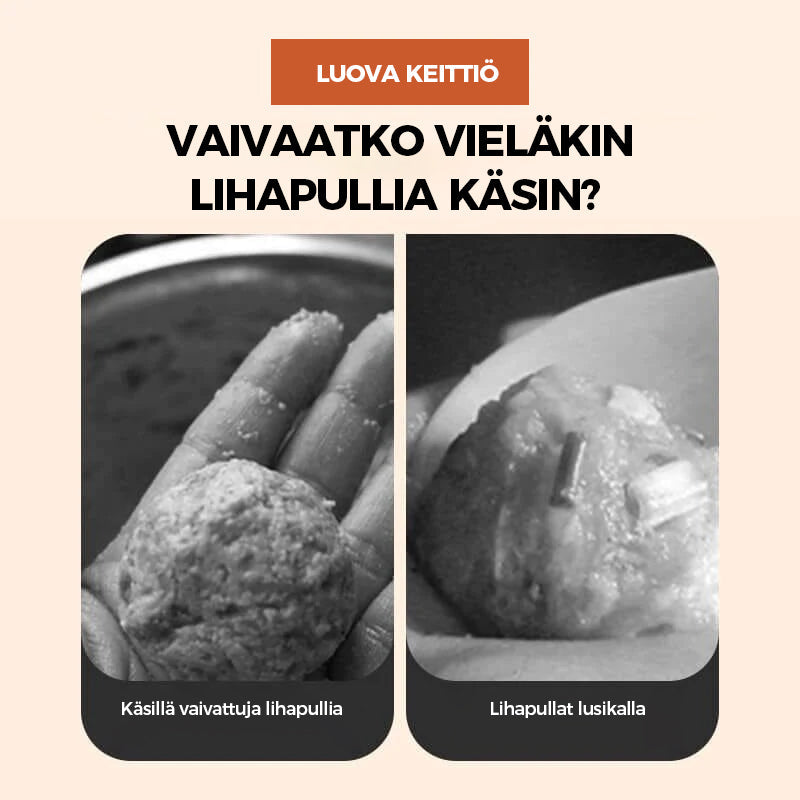 Valkoinen kolminkertainen lihapullakone, PP-materiaali, pitkä kahva, kolme lihapullaa yhdellä puristuksella, keittiöväline.