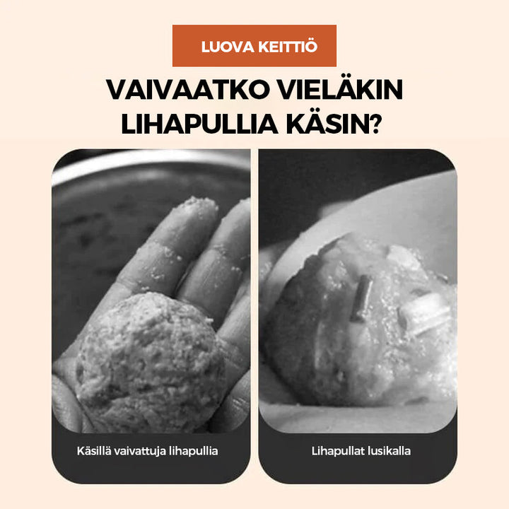 Valkoinen kolminkertainen lihapullakone, PP-materiaali, pitkä kahva, kolme lihapullaa yhdellä puristuksella, keittiöväline.